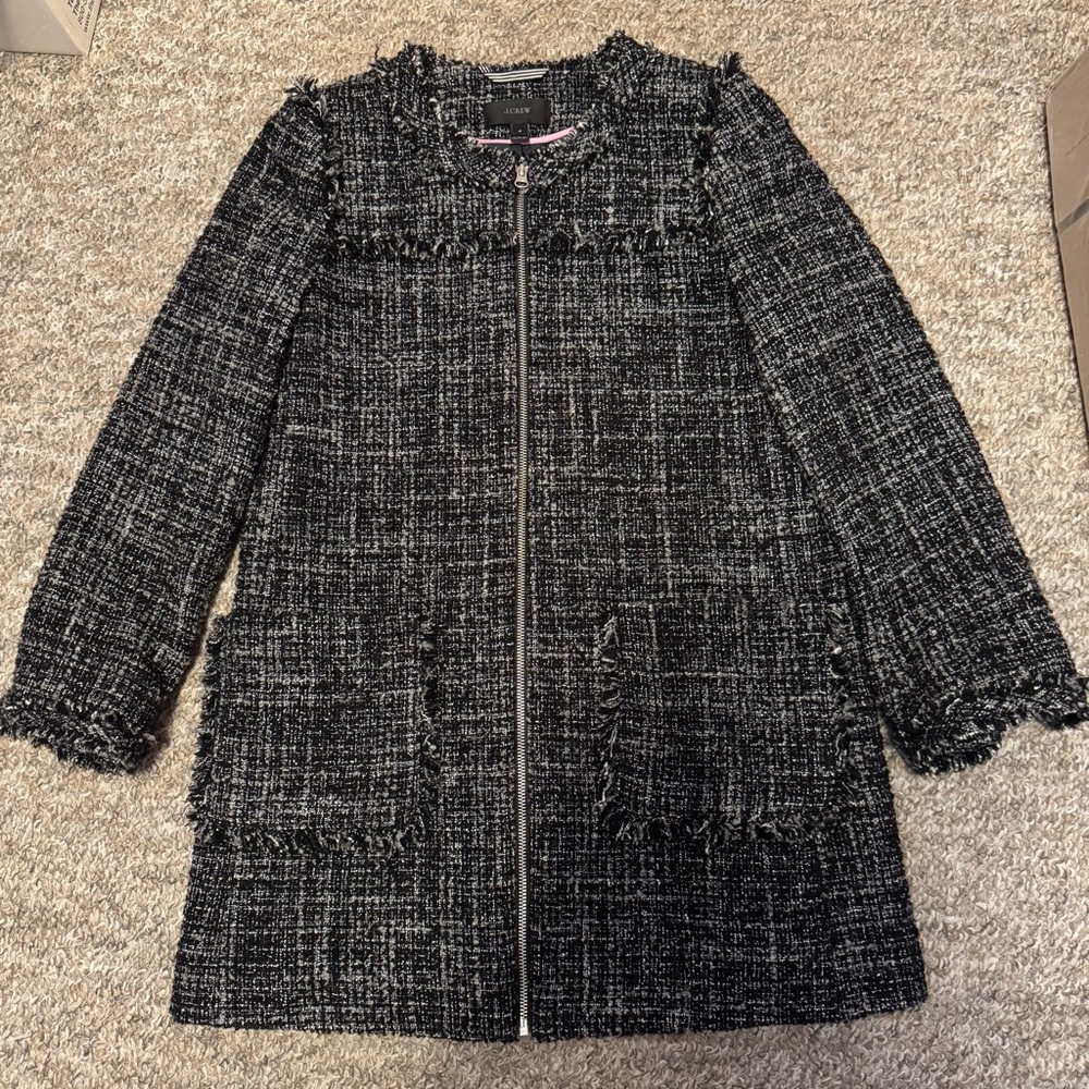 J. Crew Black and White Tweed Zip-Front Coat